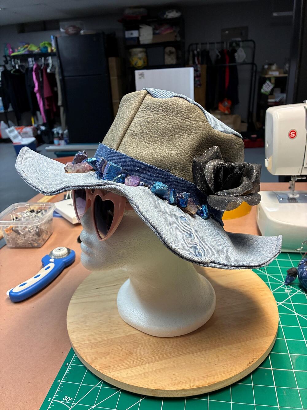 The Witch Queen — Upcycled Denim & Leather Hat, Raw Crystal Band, Size Small 22"
